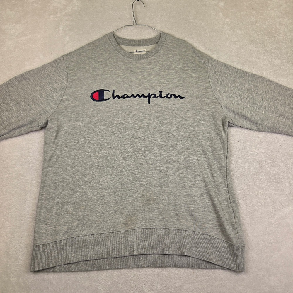 Champion Mens XL Gray Script Logo Crewneck Sweatshirt Embroidered Pullover